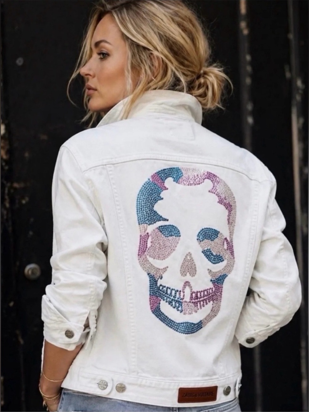 ZADIG & VOLTAIRE Kase Denim Skull Strass Women's Jacket  White Size L NWT, $548